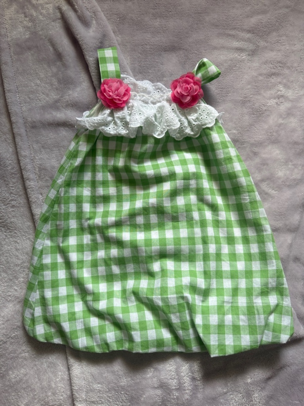 Green Gingham Baby Romper with Pink Flower Accents